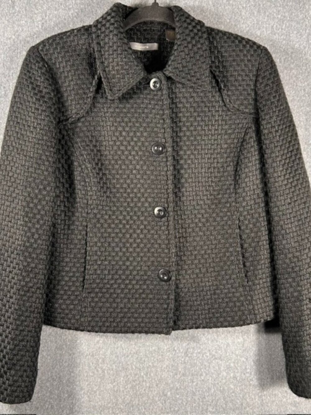 Liz Claiborne Cropped Button Up Blazer/Jacket Womens Sz 6 Black Waffle Weave